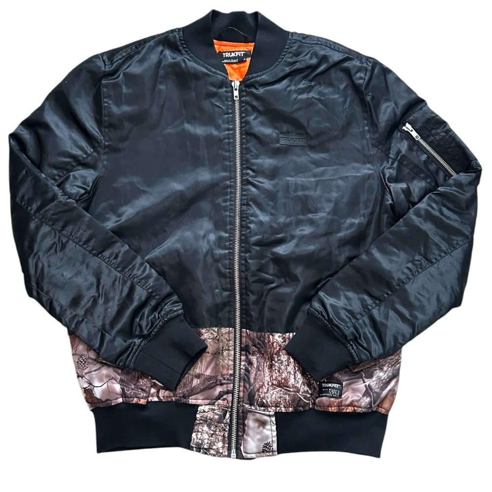 Trukfit Bomber Jacket Mens Small Black Camo Orange Quilted‎ Lined